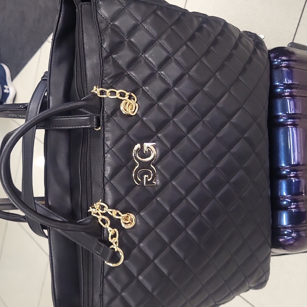 Gilda Paris Black Vegan Leather Quilted Tote Bag with Gold Accents